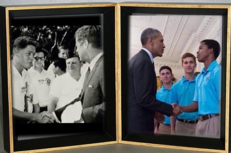 Pictured on left: (soon to be) President Bill Clinton meeting President Kennedy at Boys Nation in 1963.  Pictured on Right: William Pugh meeting President Obama at Boys Nation in 2015.