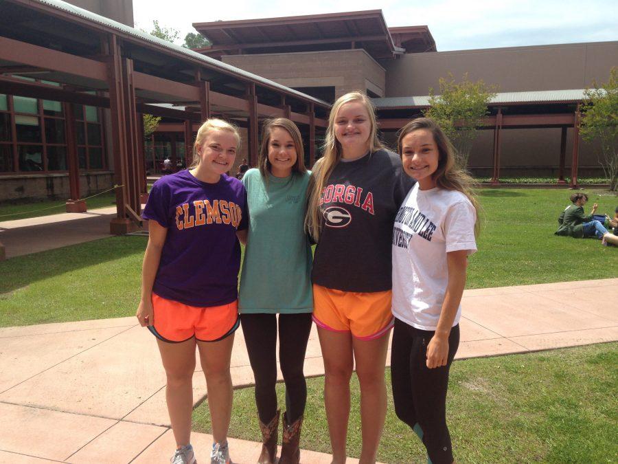 Maegan Reed (Clemson), Emma Rodgers (Clemson), Maryanna Reed (UGA), and Anne Rodgers (Washington and Lee) in their college Ts