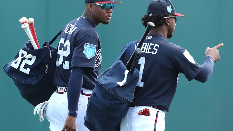 Acuna and Albies on their way to a 2018 spring training game