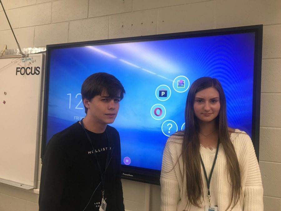 Confused children, Jared Lipton and Sarah Norman, next to the newfangled Promethean Board.