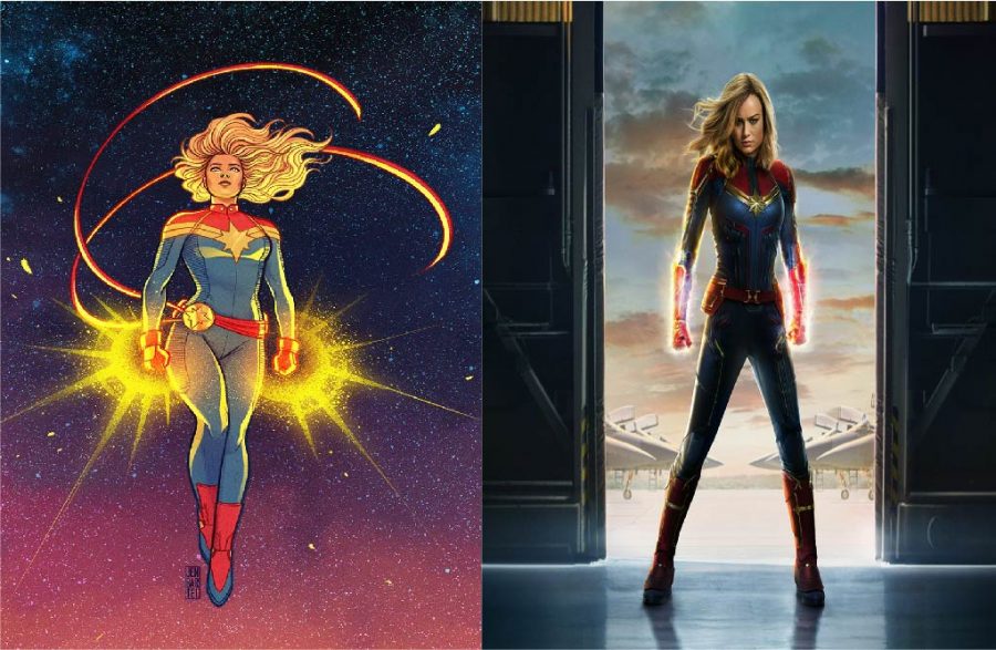 Captain Marvel from one of the many comic illustrations of her beside Brie Larsons Captain Marvel from the film.