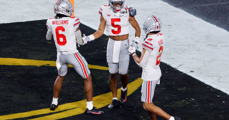 Ohio State wide receivers Jameson Williams (left), Garret Wilson (Middle), and Chris Olave (Right), are all first-round projections in the 2022 draft.
