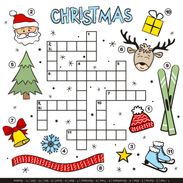 Merry Christmas crossword for kids. Childrens winter game with cartoon elements. Santa Claus, tree, reindeer, skis, skates, scarf, hat, snowflake. Vector illustration.