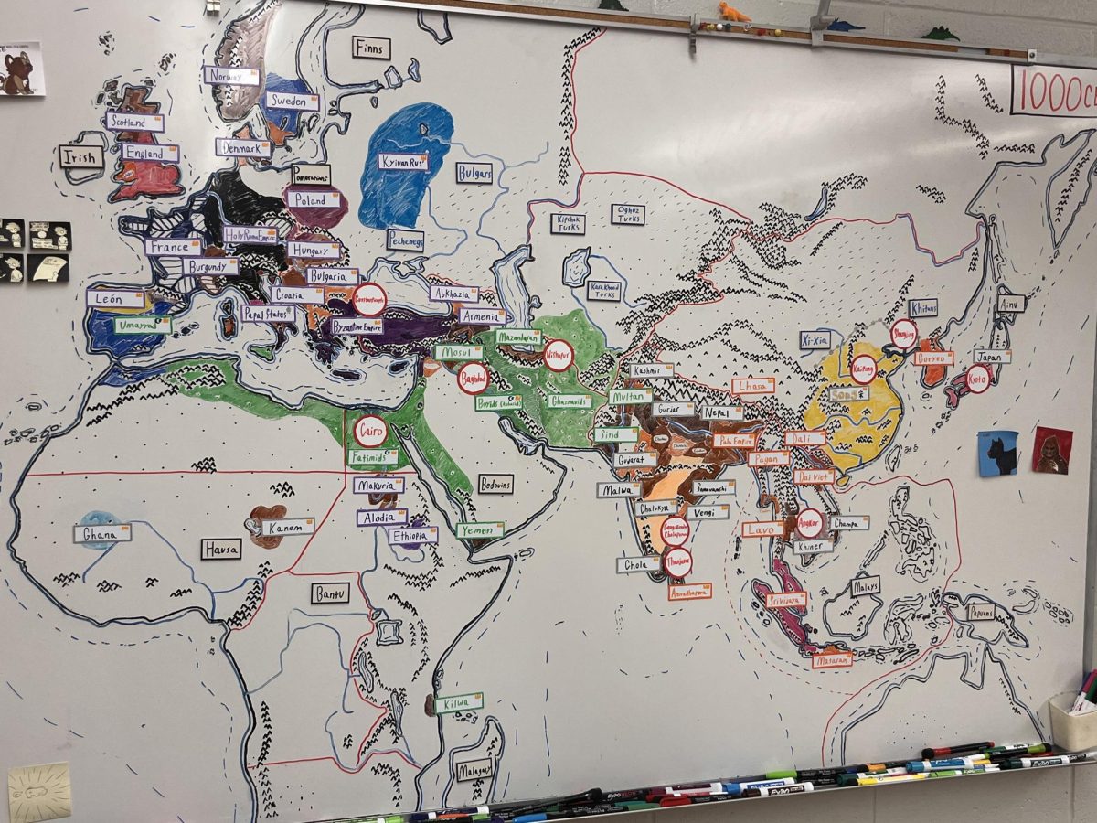 The map of the world on the board in Mr. Garris's AP World classroom.